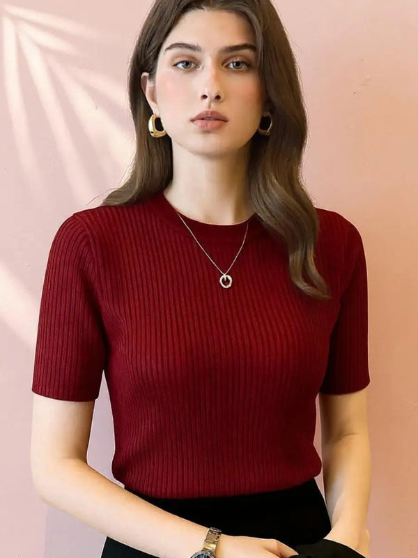 Maroon Women’s Slim Fit Solid Rib Knit Stretchable Top Istyle Can