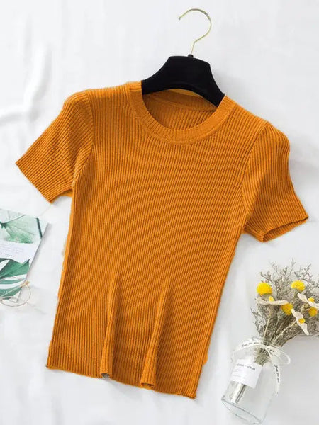 Mustard Women’s Slim Fit Solid Rib Knit Stretchable Top Istyle Can