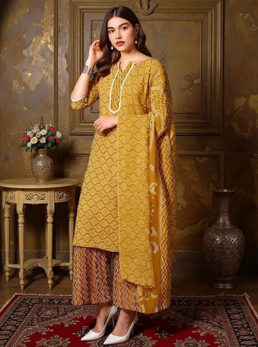 Istyle Can Mustard Cotton Printed Kurta Pant Dupatta Set for Women Secondary image