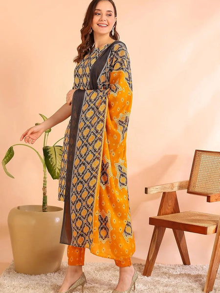 Istyle Can Mustard Cotton Printed Kurta Pant Dupatta Set for Women My Store
