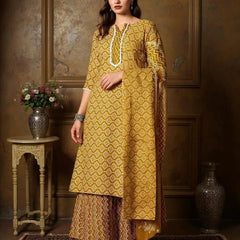 Istyle Can Mustard Cotton Printed Kurta Pant Dupatta Set for Women My Store