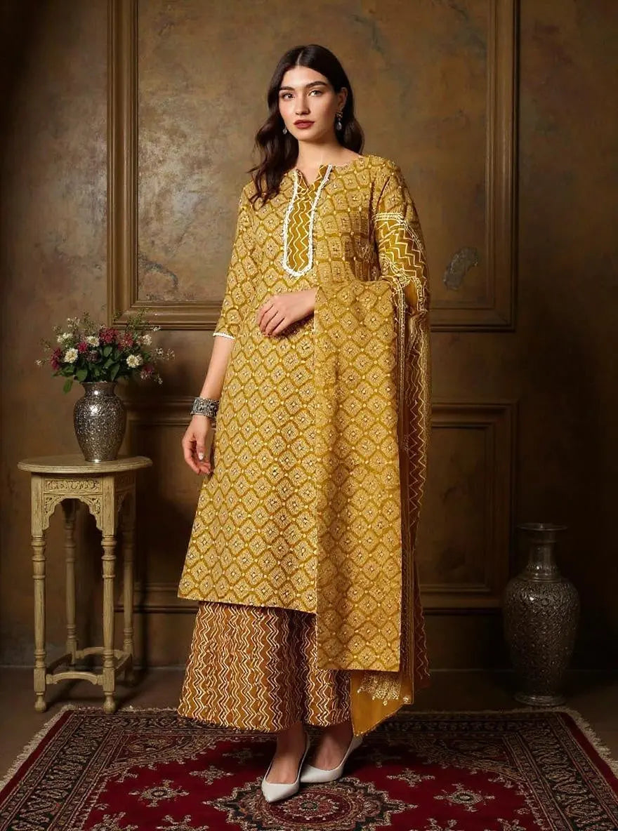 Istyle Can Mustard Cotton Printed Kurta Pant Dupatta Set for Women My Store Main image
