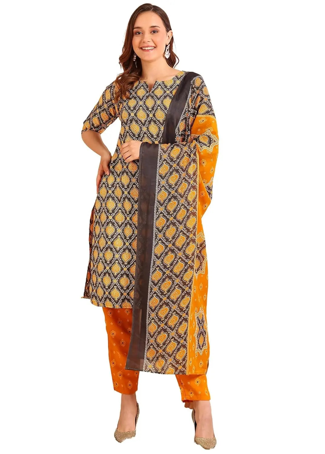 Istyle Can Mustard Cotton Printed Kurta Pant Dupatta Set for Women My Store Main image