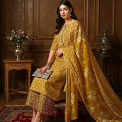 Istyle Can Mustard Cotton Printed Kurta Pant Dupatta Set for Women My Store