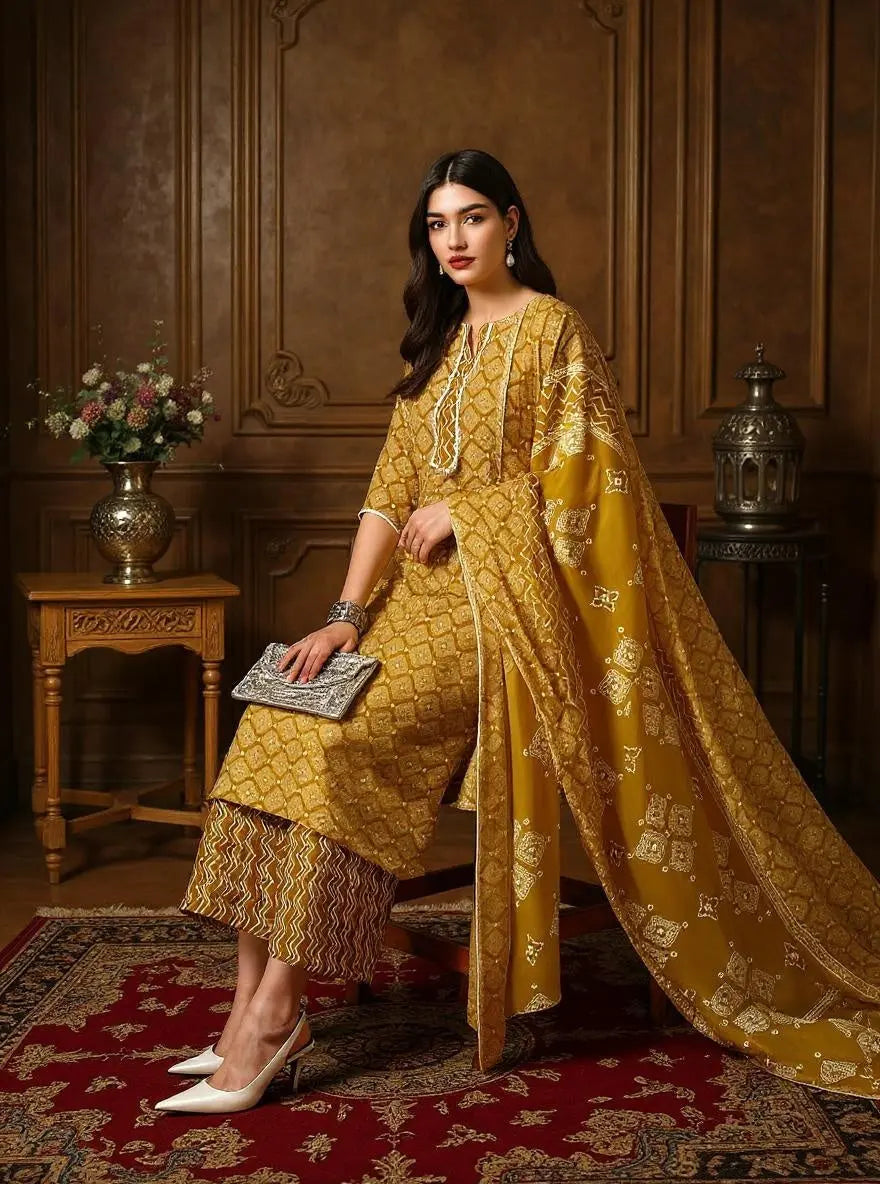 Istyle Can Mustard Cotton Printed Kurta Pant Dupatta Set for Women My Store