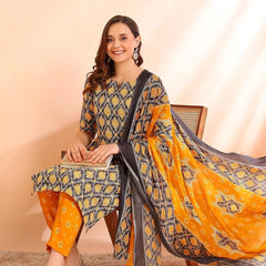 Istyle Can Mustard Cotton Printed Kurta Pant Dupatta Set for Women My Store