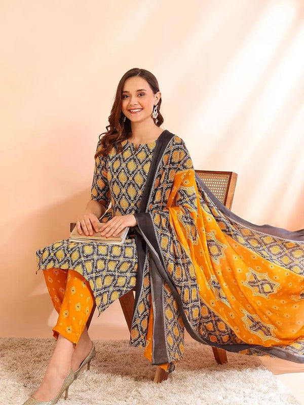 Istyle Can Mustard Cotton Printed Kurta Pant Dupatta Set for Women My Store