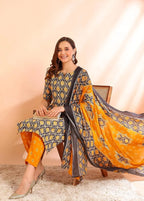 Istyle Can Mustard Cotton Printed Kurta Pant Dupatta Set for Women My Store
