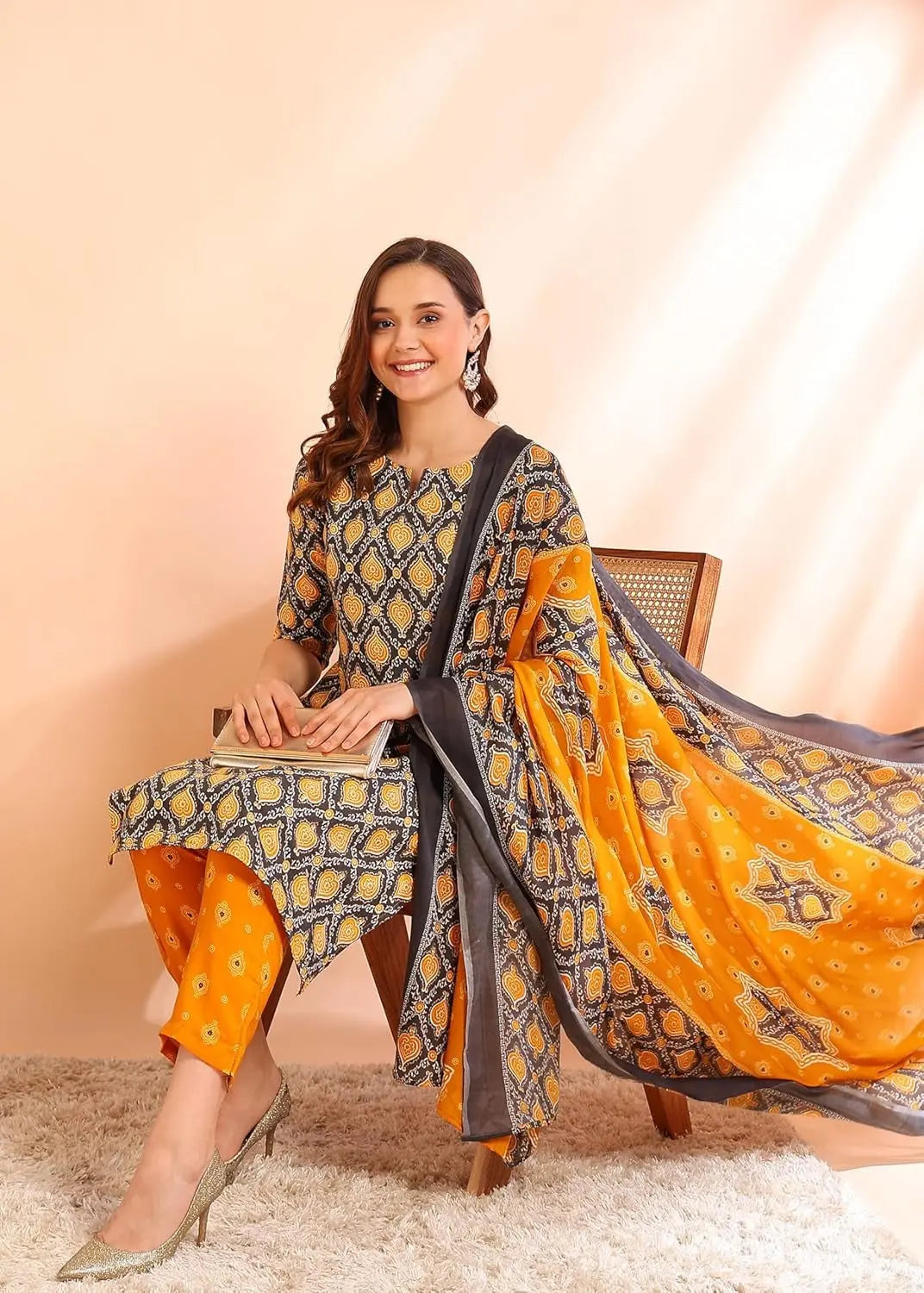 Istyle Can Mustard Cotton Printed Kurta Pant Dupatta Set for Women My Store