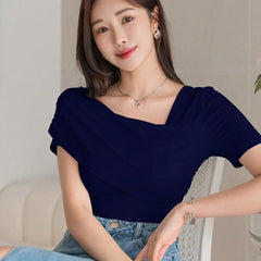 Istyle Can Women's Navy Blue Ruched Asymmetrical Stretch T-Shirt Istyle Can
