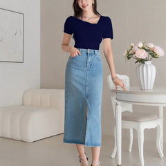 Istyle Can Women's Navy Blue Ruched Asymmetrical Stretch T-Shirt Istyle Can