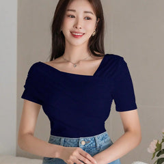 Istyle Can Women's Navy Blue Ruched Asymmetrical Stretch T-Shirt Istyle Can