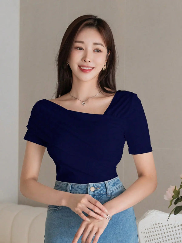 Istyle Can Women's Navy Blue Ruched Asymmetrical Stretch T-Shirt Istyle Can