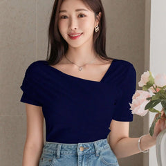 Istyle Can Women's Navy Blue Ruched Asymmetrical Stretch T-Shirt Istyle Can