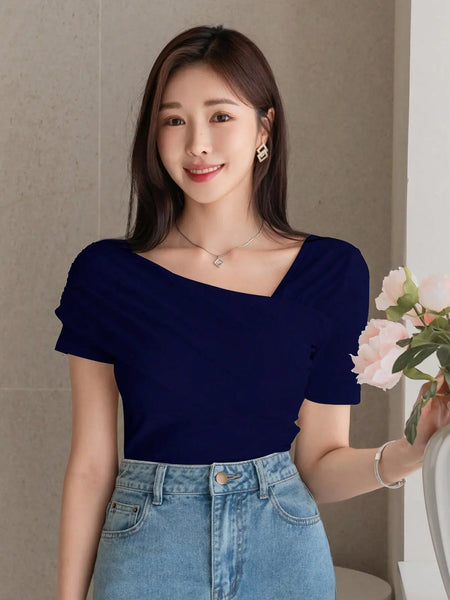 Istyle Can Women's Navy Blue Ruched Asymmetrical Stretch T-Shirt Istyle Can