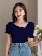 Istyle Can Women's Navy Blue Ruched Asymmetrical Stretch T-Shirt Istyle Can