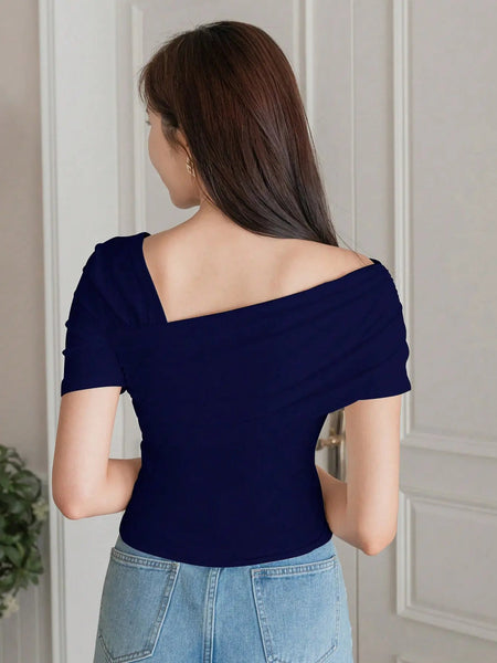 Istyle Can Women's Navy Blue Ruched Asymmetrical Stretch T-Shirt Istyle Can