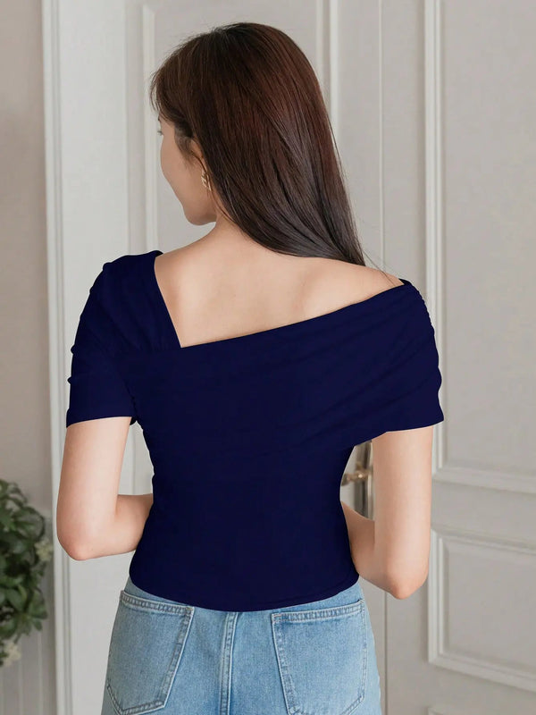 Istyle Can Women's Navy Blue Ruched Asymmetrical Stretch T-Shirt Istyle Can