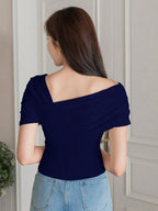 Istyle Can Women's Navy Blue Ruched Asymmetrical Stretch T-Shirt Istyle Can