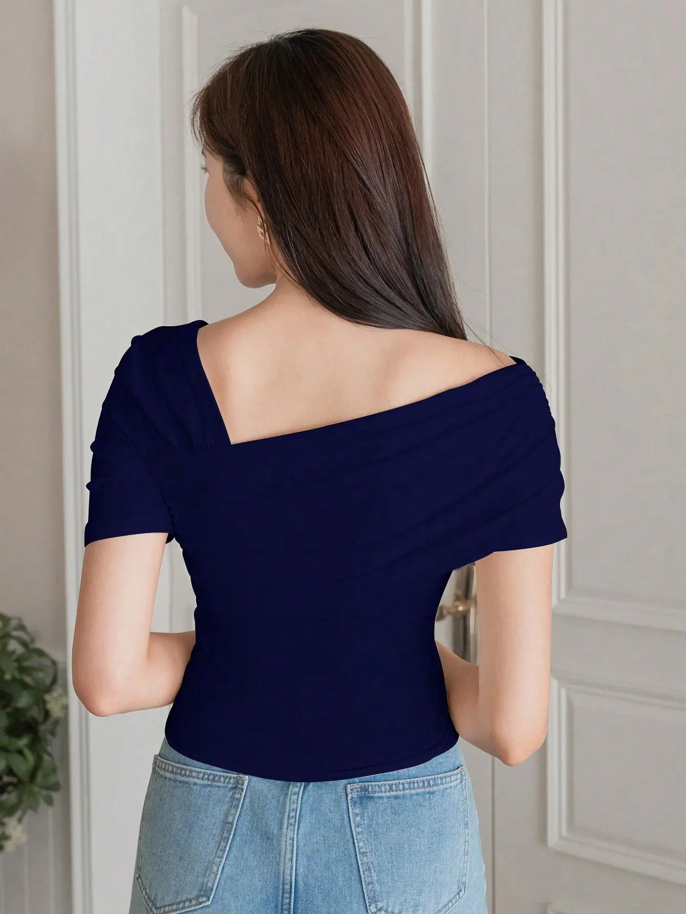 Istyle Can Women's Navy Blue Ruched Asymmetrical Stretch T-Shirt Istyle Can