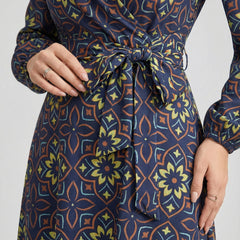 Women's Printed V-Neck Bishop Long Sleeve Midi Fit and Flare Dress