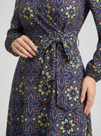 Women's Printed V-Neck Bishop Long Sleeve Midi Fit and Flare Dress