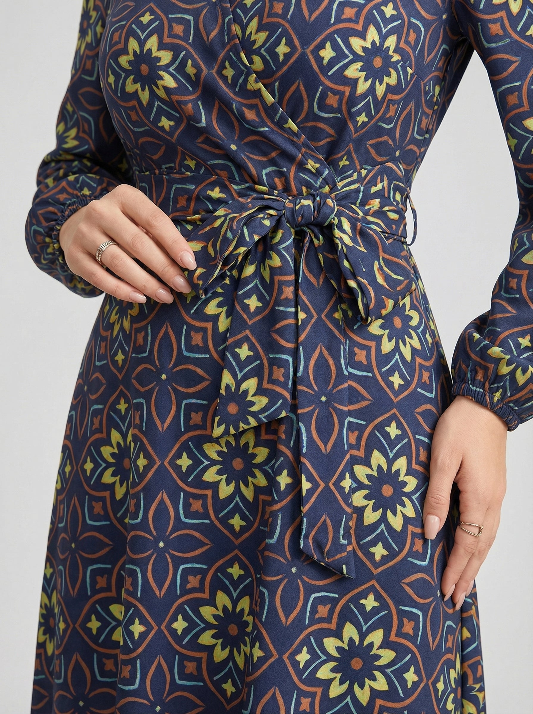 Women's Printed V-Neck Bishop Long Sleeve Midi Fit and Flare Dress