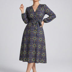 Women's Printed V-Neck Bishop Long Sleeve Midi Fit and Flare Dress