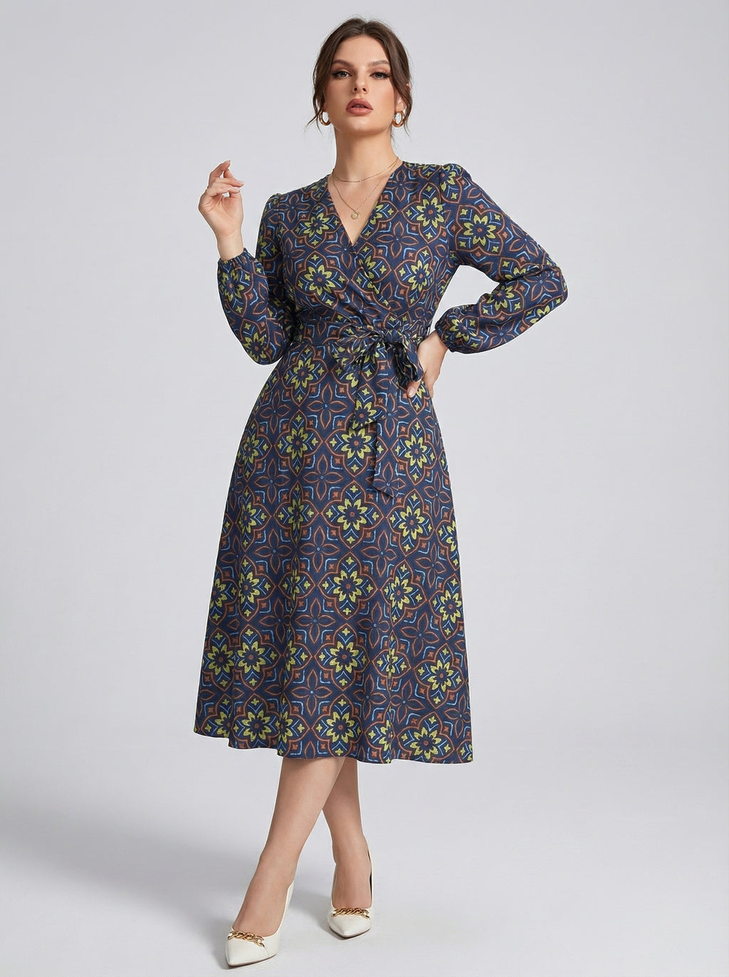 Women's Printed V-Neck Bishop Long Sleeve Midi Fit and Flare Dress