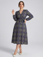 Women's Printed V-Neck Bishop Long Sleeve Midi Fit and Flare Dress
