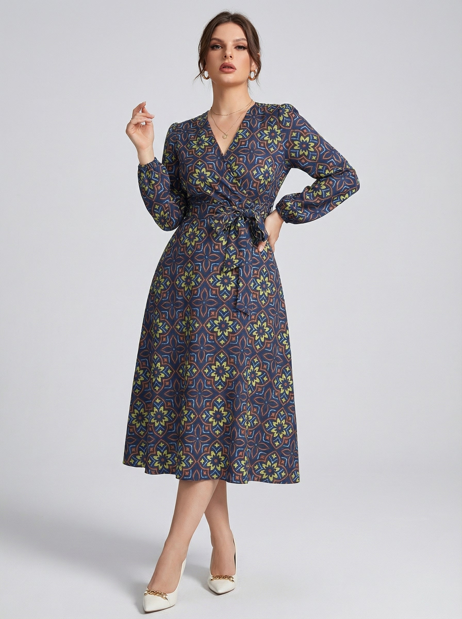 Women's Printed V-Neck Bishop Long Sleeve Midi Fit and Flare Dress