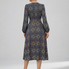 Women's Printed V-Neck Bishop Long Sleeve Midi Fit and Flare Dress