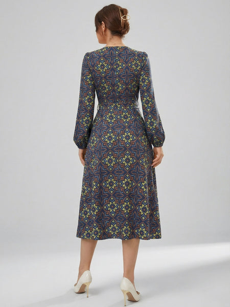 Women's Printed V-Neck Bishop Long Sleeve Midi Fit and Flare Dress