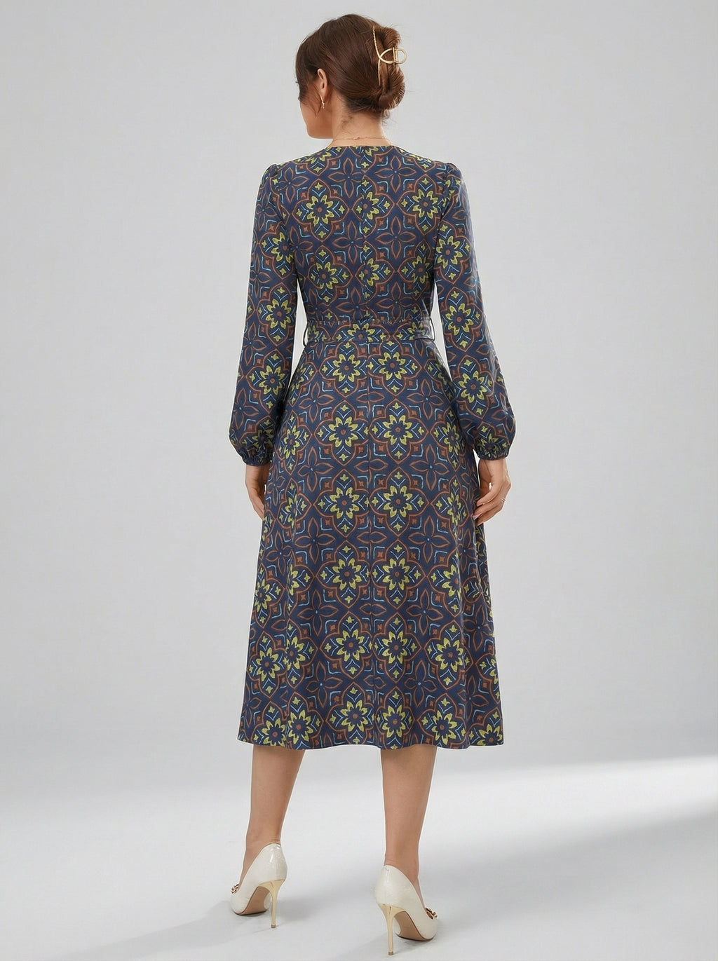 Women's Printed V-Neck Bishop Long Sleeve Midi Fit and Flare Dress