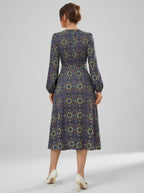 Women's Printed V-Neck Bishop Long Sleeve Midi Fit and Flare Dress
