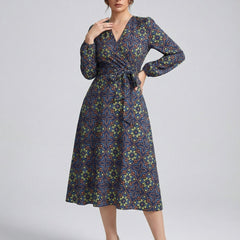 Women's Printed V-Neck Bishop Long Sleeve Midi Fit and Flare Dress