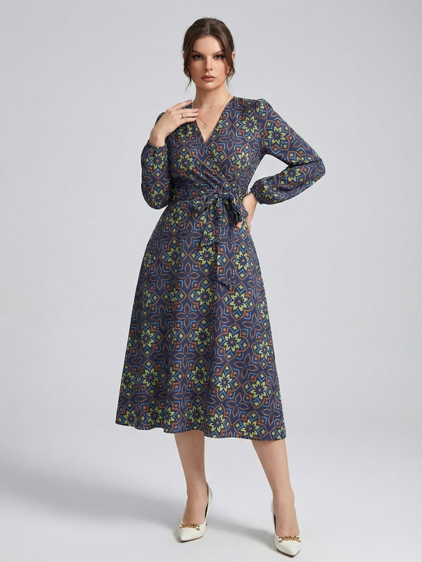 Women's Printed V-Neck Bishop Long Sleeve Midi Fit and Flare Dress