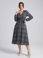 Women's Printed V-Neck Bishop Long Sleeve Midi Fit and Flare Dress