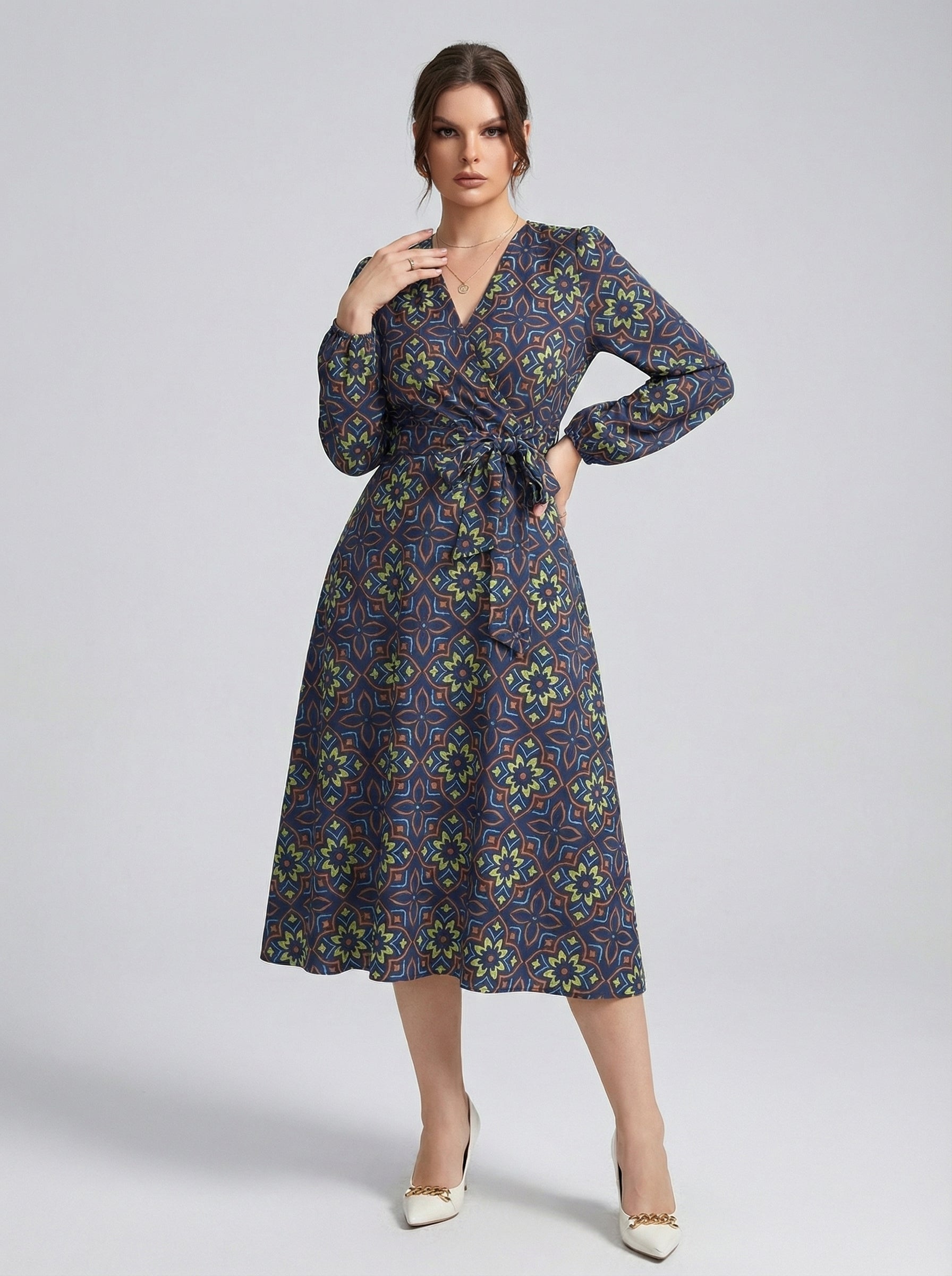 Women's Printed V-Neck Bishop Long Sleeve Midi Fit and Flare Dress