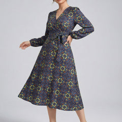 Women's Printed V-Neck Bishop Long Sleeve Midi Fit and Flare Dress
