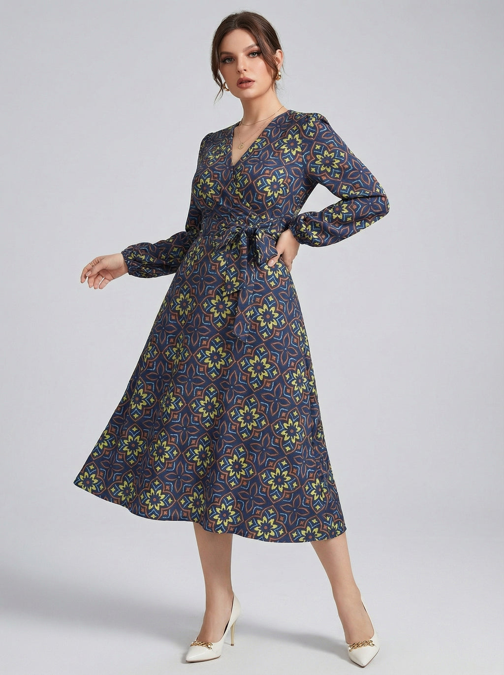 Women's Printed V-Neck Bishop Long Sleeve Midi Fit and Flare Dress