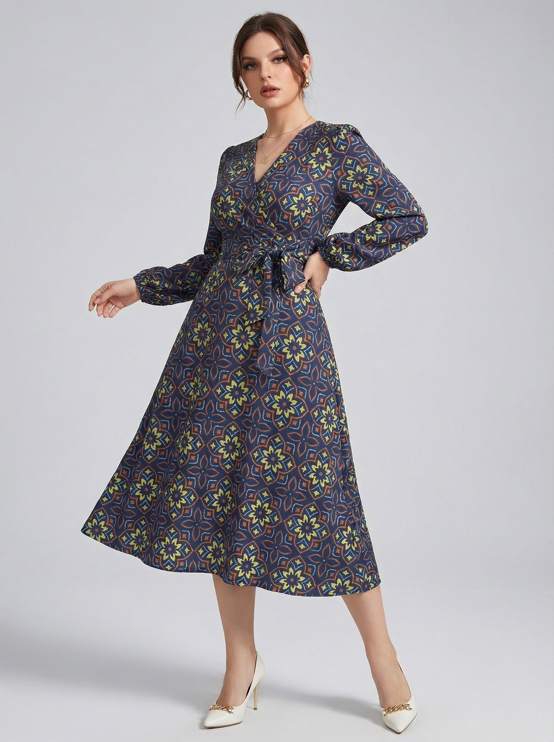 Women's Printed V-Neck Bishop Long Sleeve Midi Fit and Flare Dress
