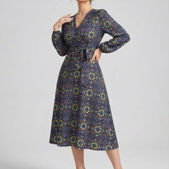 Women's Printed V-Neck Bishop Long Sleeve Midi Fit and Flare Dress