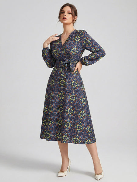 Women's Printed V-Neck Bishop Long Sleeve Midi Fit and Flare Dress