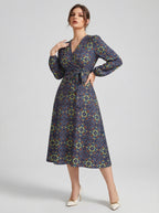 Women's Printed V-Neck Bishop Long Sleeve Midi Fit and Flare Dress