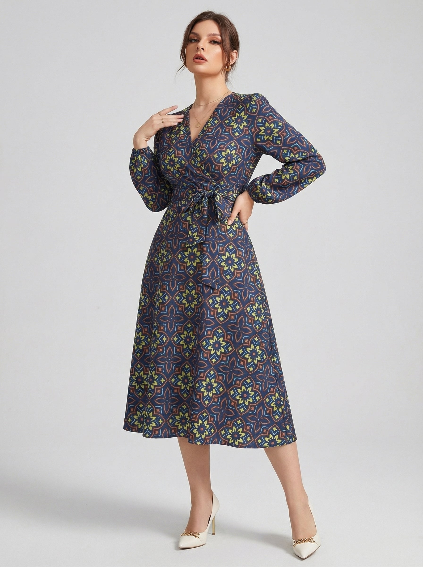 Women's Printed V-Neck Bishop Long Sleeve Midi Fit and Flare Dress