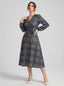 Women's Printed V-Neck Bishop Long Sleeve Midi Fit and Flare Dress