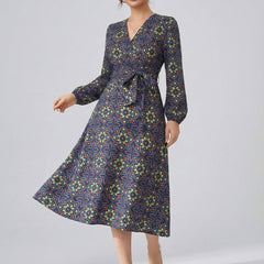 Women's Printed V-Neck Bishop Long Sleeve Midi Fit and Flare Dress