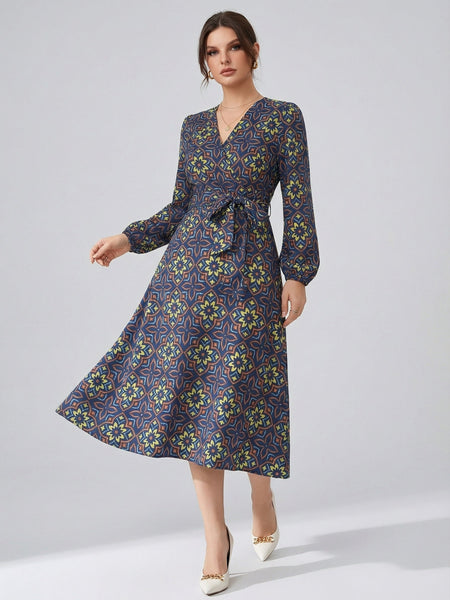 Women's Printed V-Neck Bishop Long Sleeve Midi Fit and Flare Dress