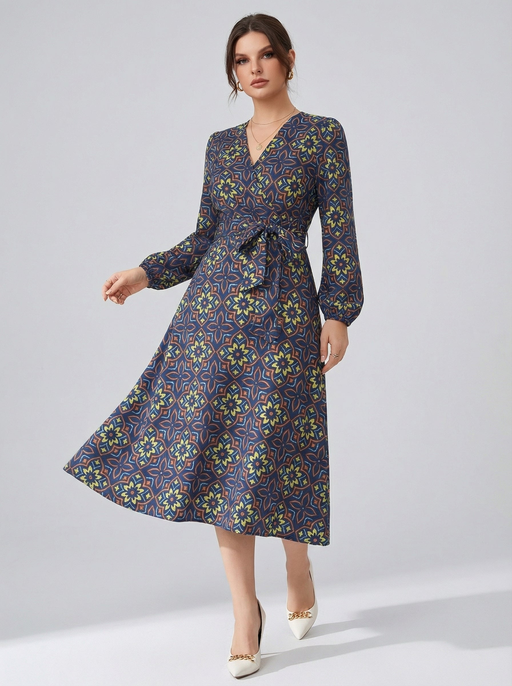 Women's Printed V-Neck Bishop Long Sleeve Midi Fit and Flare Dress Secondary image